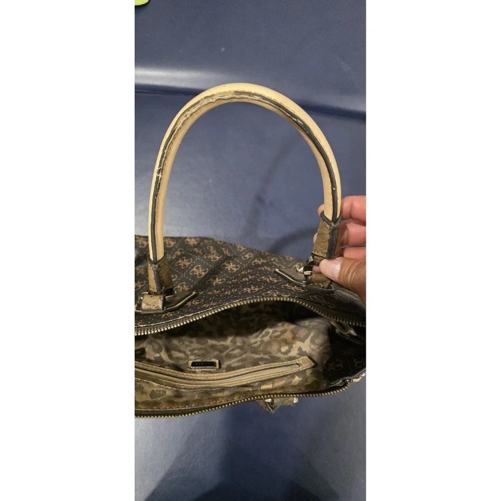 GUESS‎ Brown Beige Logo Chain Studded Satchel Bag Silver Hardware